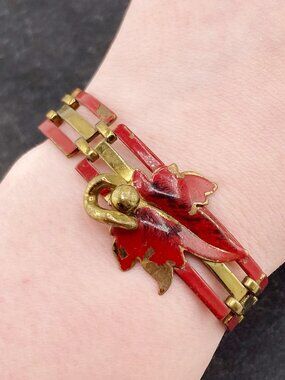 VINTAGE Gold tone metal red enamel maple leaf bracelet c. 1930s 1940s jewelry